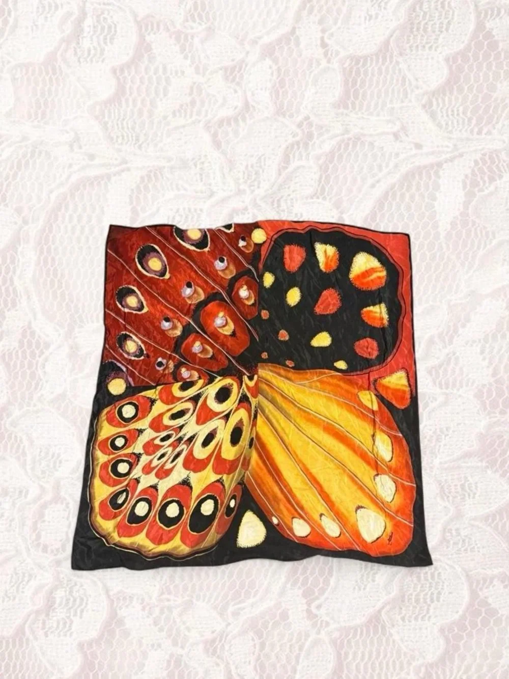 Butterfly Print Silk Scarf in Orange and Black